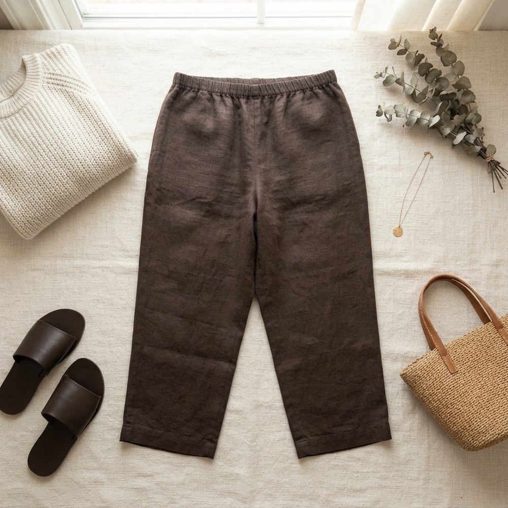 Chico's Design Brown 100% Linen Wide Leg Cropped Pants Size 3 XL Elastic Waist